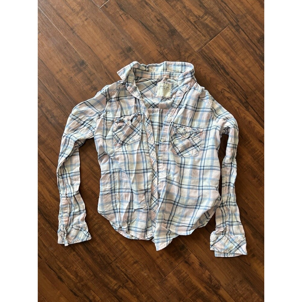 Abercrombie & Fitch Y2K Plaid Button Down Flannel Blue Pink Shirt Womens M - Picture 2 of 3